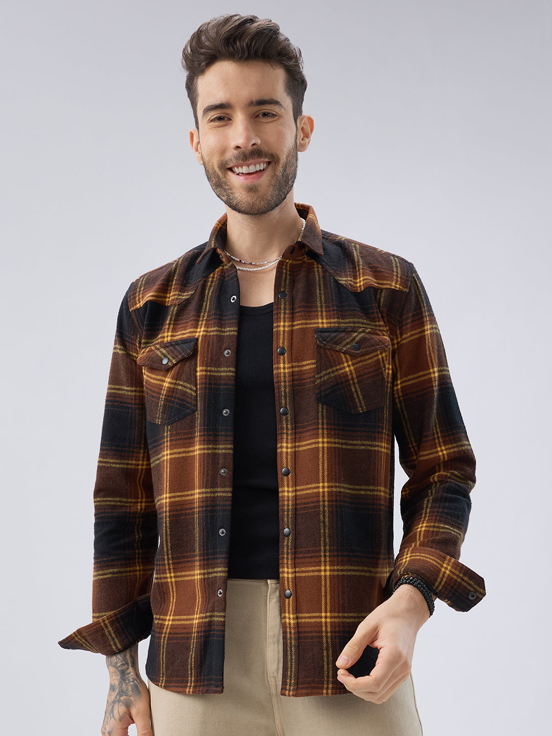 Vintage Coffee Brown & Mustard Checks Flap Pocket Flannel Shirt