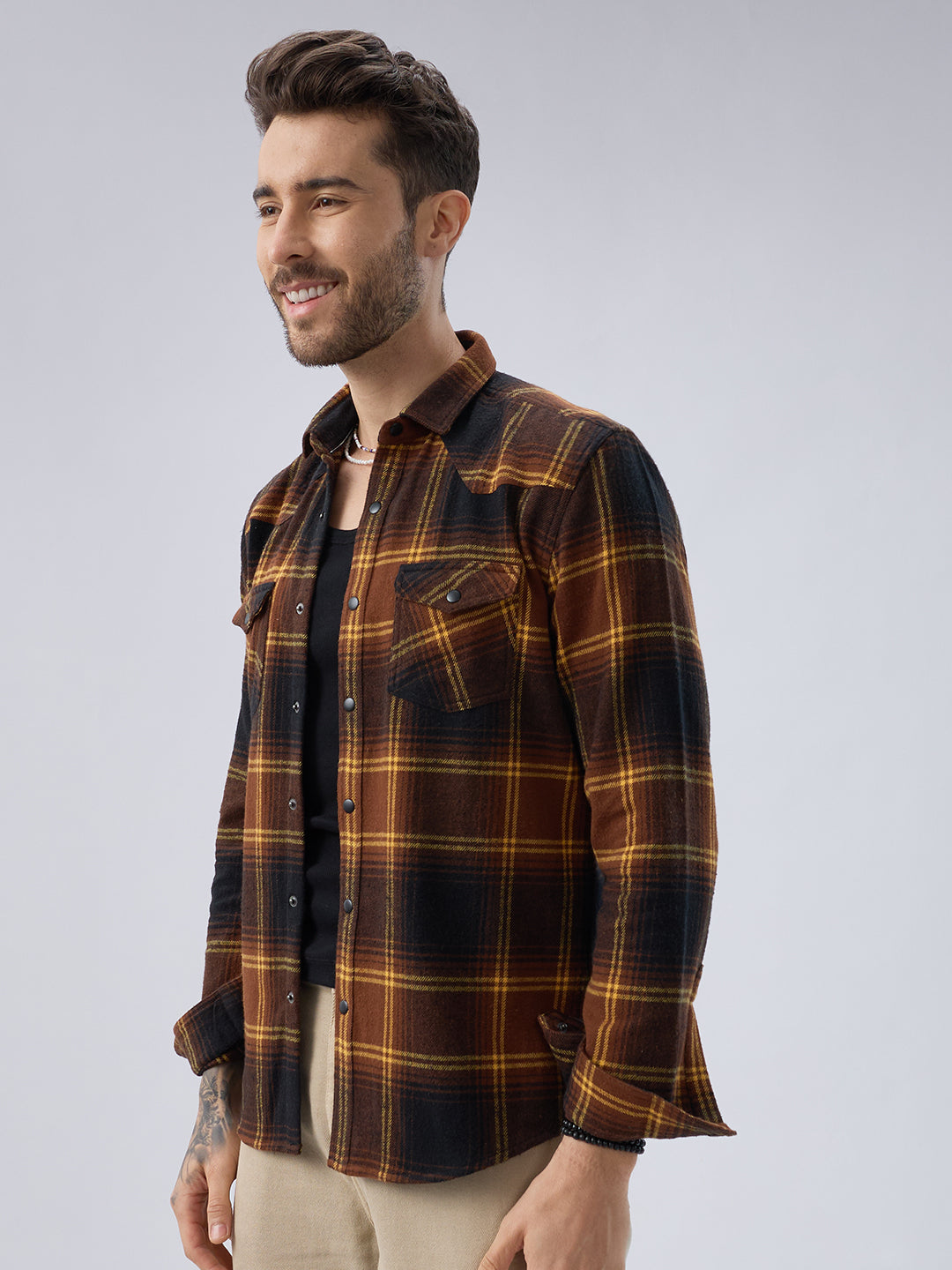Vintage Coffee Brown & Mustard Checks Flap Pocket Flannel Shirt