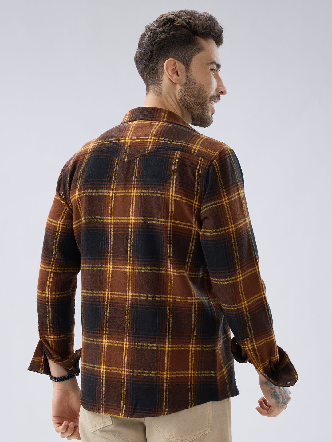 Vintage Coffee Brown & Mustard Checks Flap Pocket Flannel Shirt