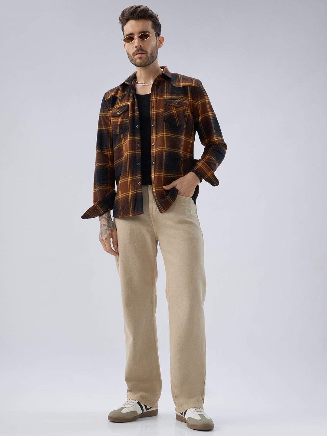 Vintage Coffee Brown & Mustard Checks Flap Pocket Flannel Shirt