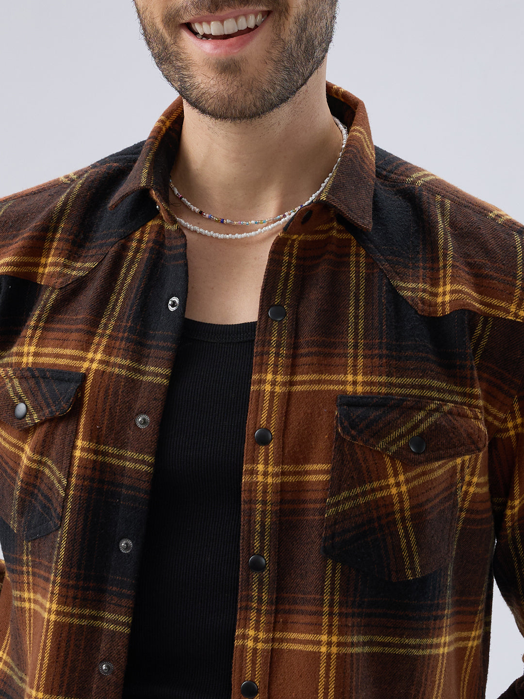 Vintage Coffee Brown & Mustard Checks Flap Pocket Flannel Shirt