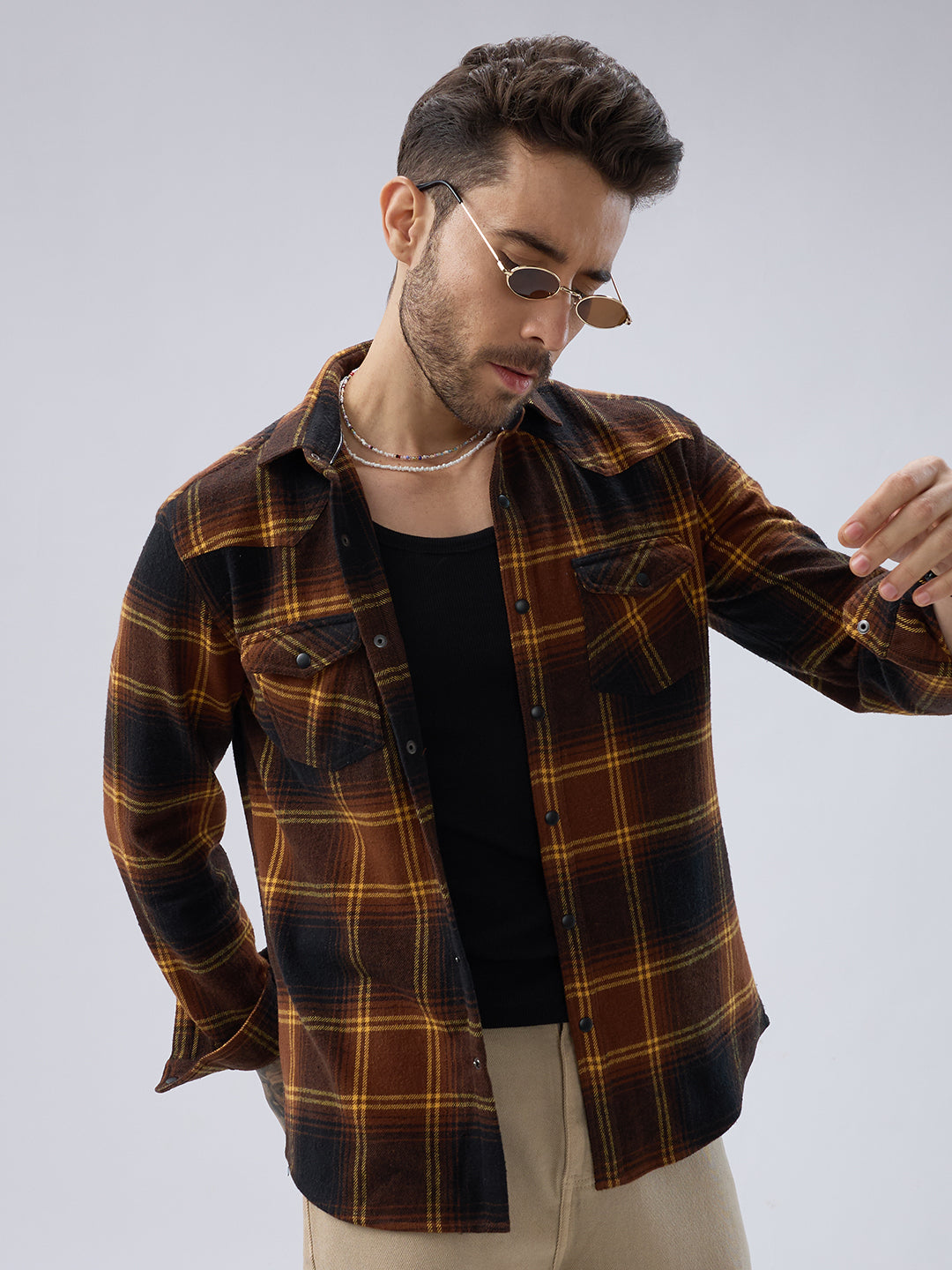 Vintage Coffee Brown & Mustard Checks Flap Pocket Flannel Shirt