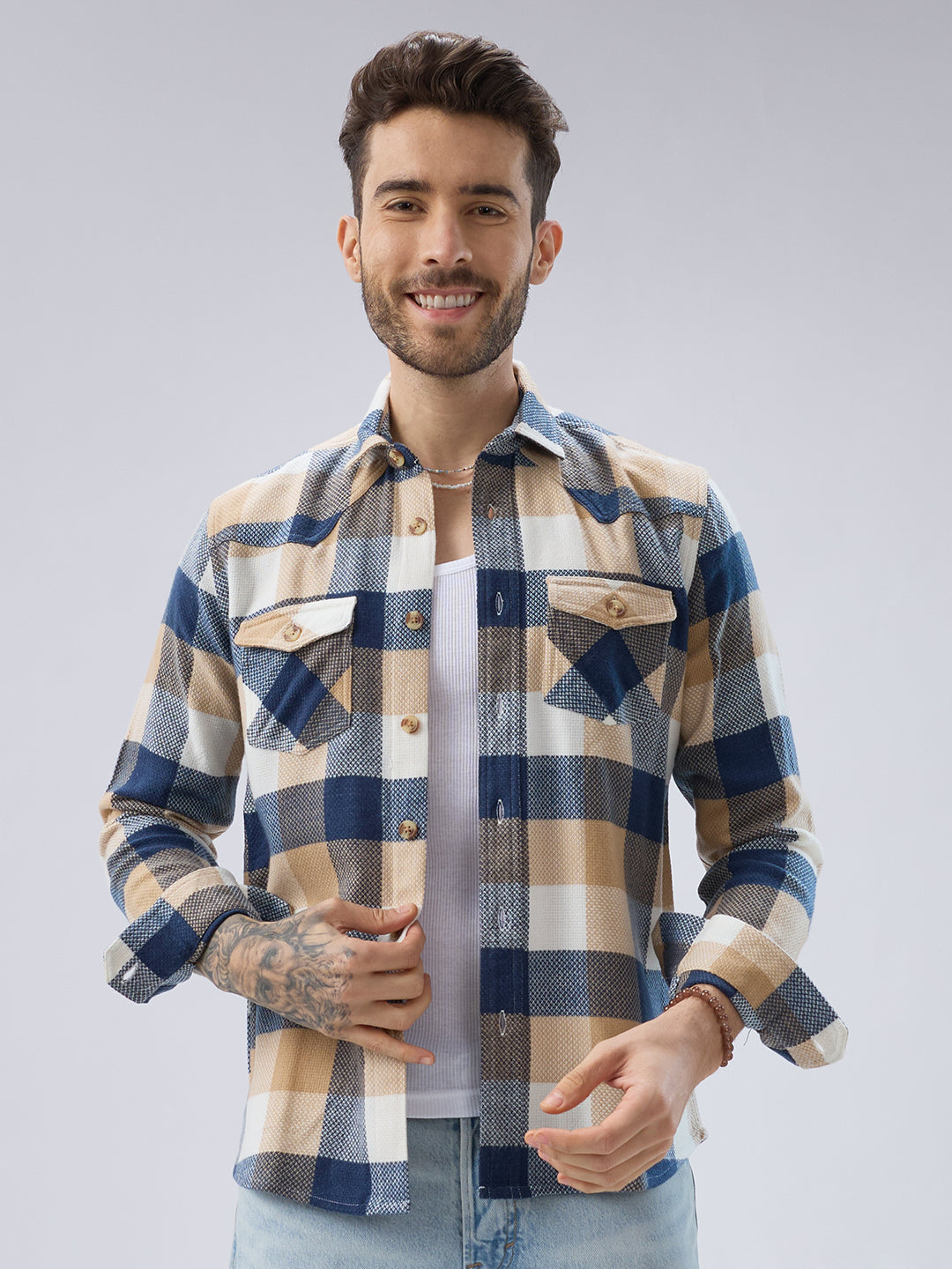 Coastal Breeze Beige Checks Flap Pockets Flannel Shirt