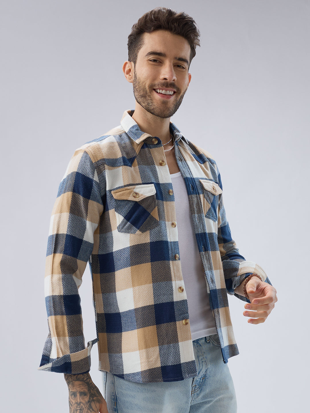 Coastal Breeze Beige Checks Flap Pockets Flannel Shirt