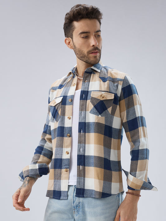 Coastal Breeze Beige Checks Flap Pockets Flannel Shirt