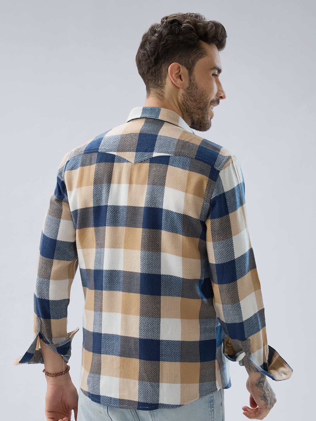 Coastal Breeze Beige Checks Flap Pockets Flannel Shirt
