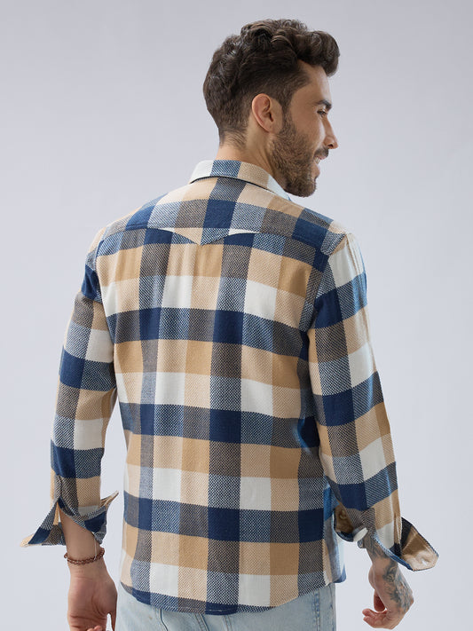Coastal Breeze Beige Checks Flap Pockets Flannel Shirt