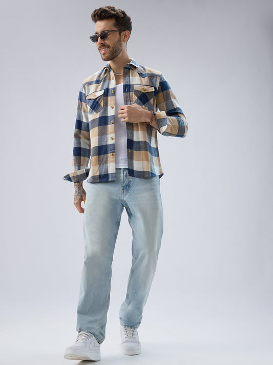Coastal Breeze Beige Checks Flap Pockets Flannel Shirt