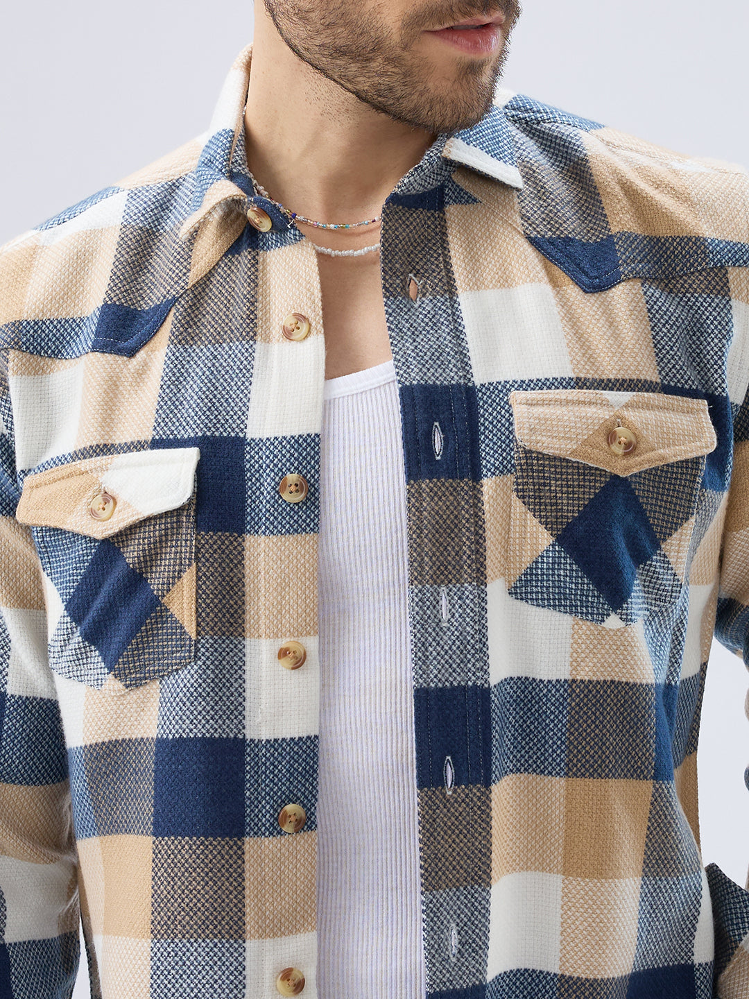 Coastal Breeze Beige Checks Flap Pockets Flannel Shirt