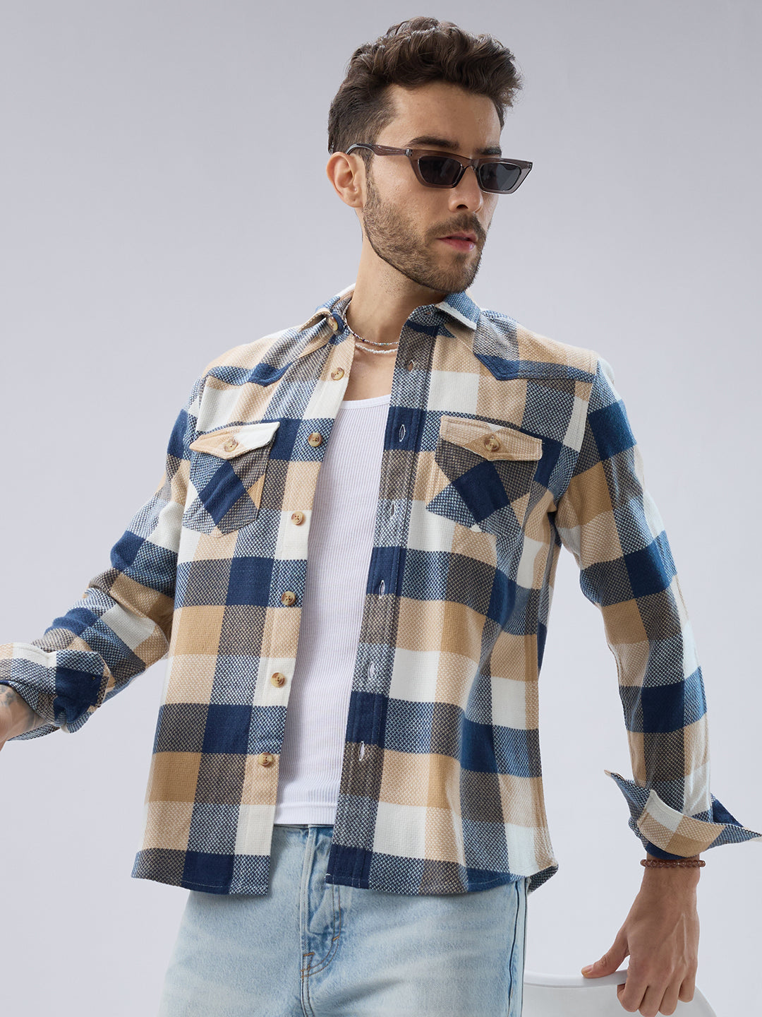 Coastal Breeze Beige Checks Flap Pockets Flannel Shirt