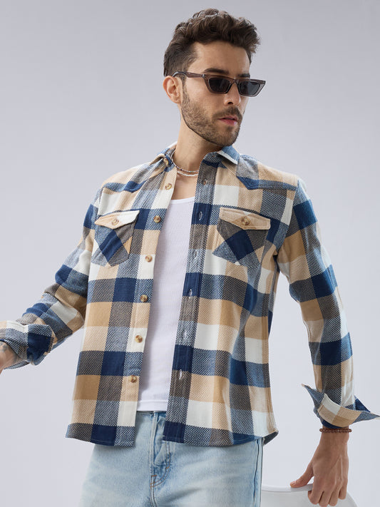 Coastal Breeze Beige Checks Flap Pockets Flannel Shirt