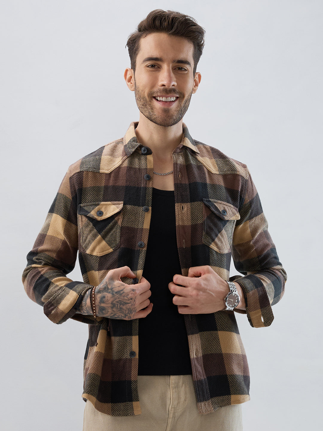Brown & Black Tartan Checked Double Pocket Flannel