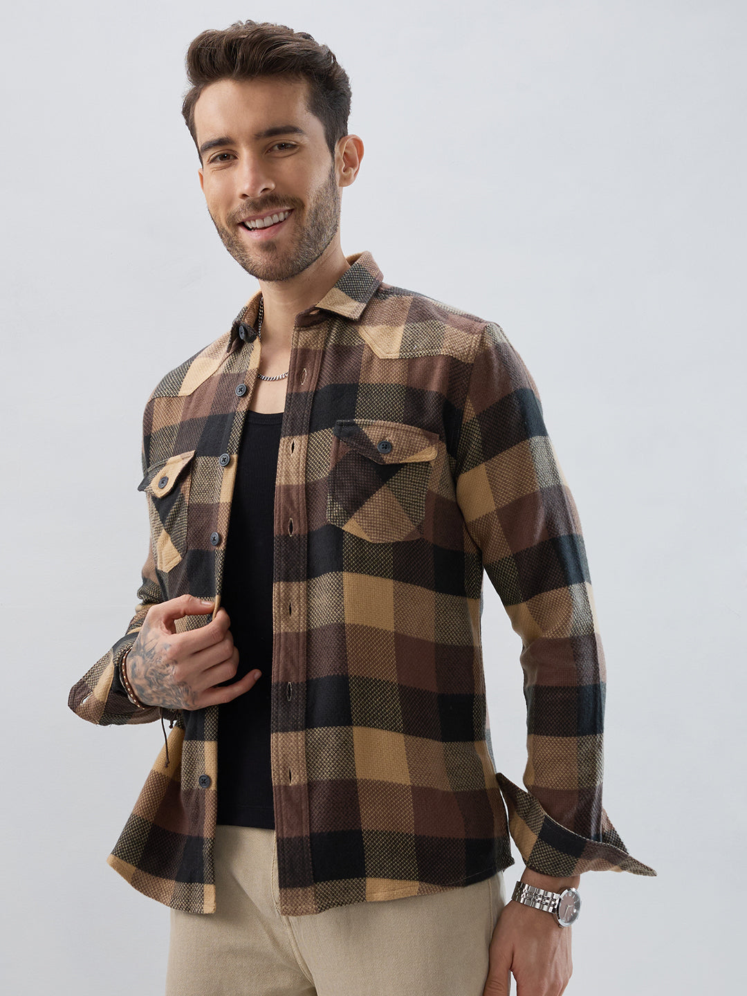 Brown & Black Tartan Checked Double Pocket Flannel