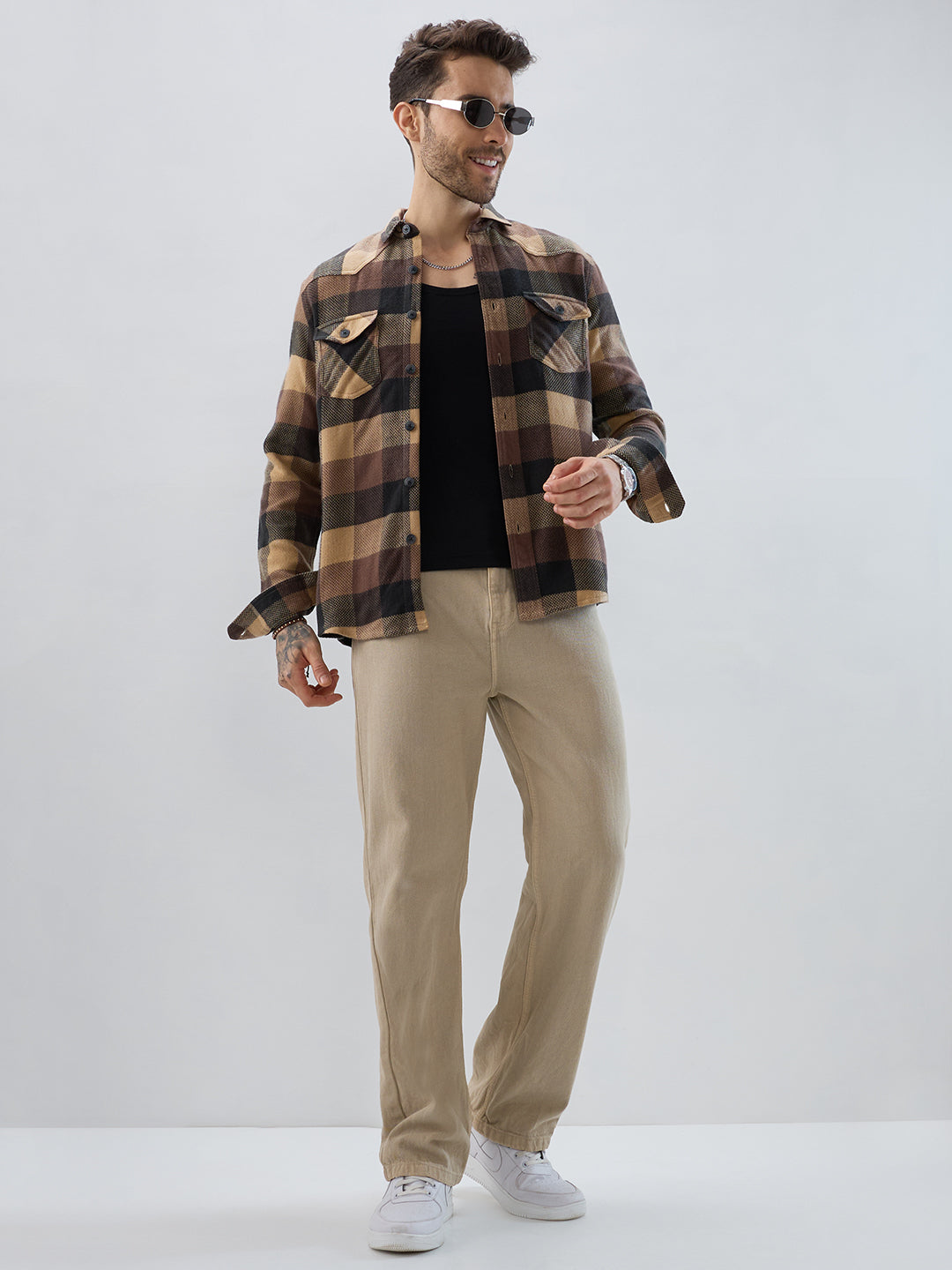 Brown & Black Tartan Checked Double Pocket Flannel