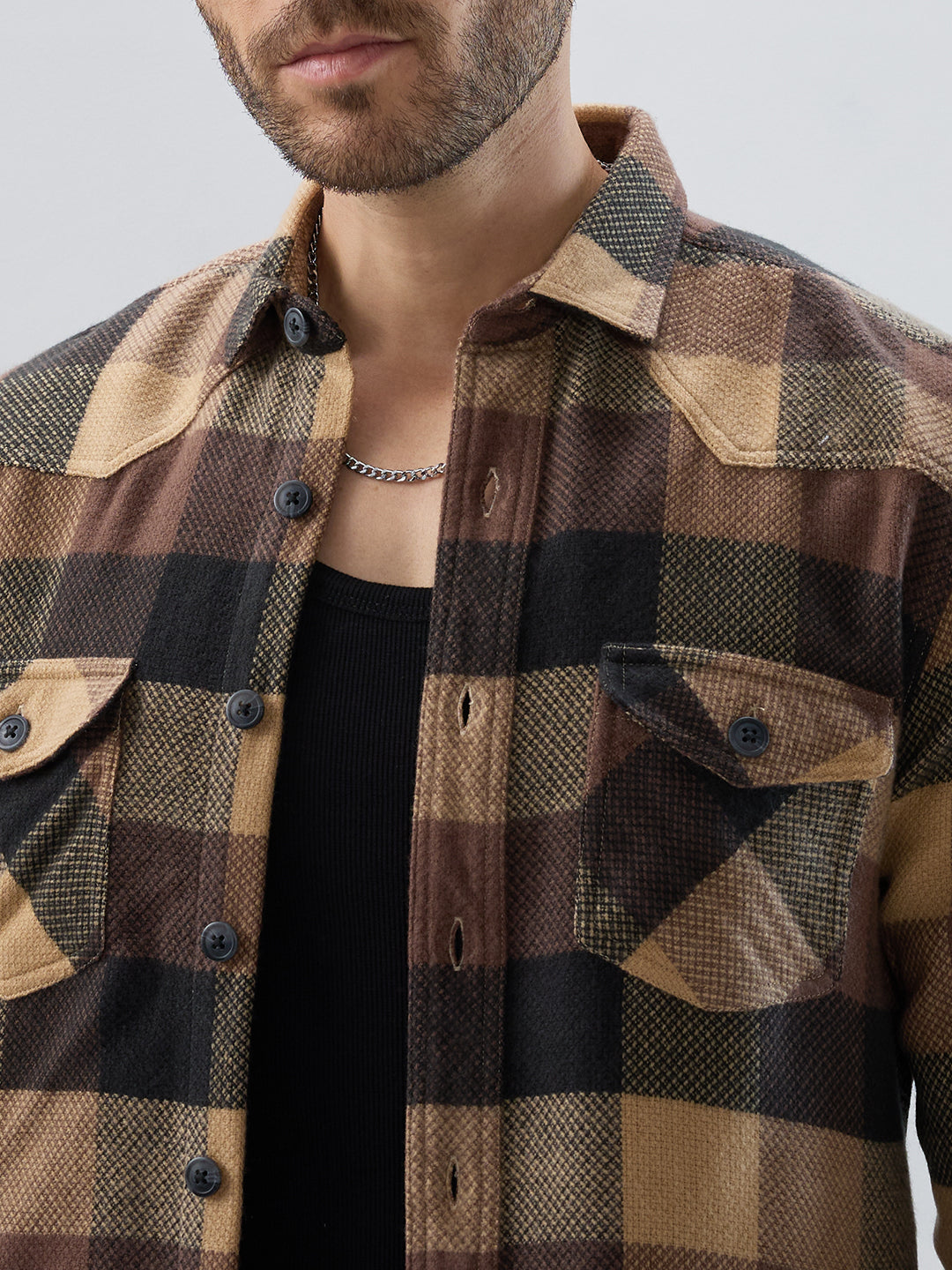 Brown & Black Tartan Checked Double Pocket Flannel