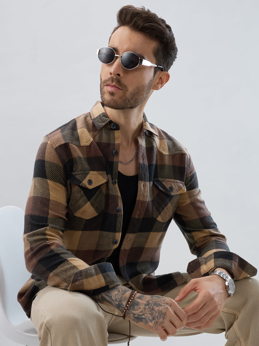 Brown & Black Tartan Checked Double Pocket Flannel