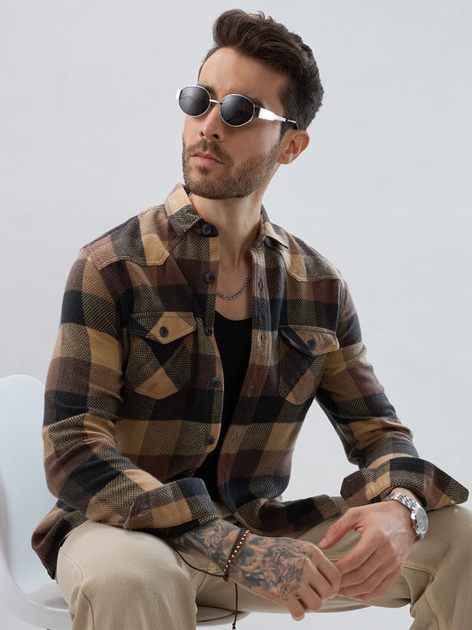 Brown & Black Tartan Checked Double Pocket Flannel