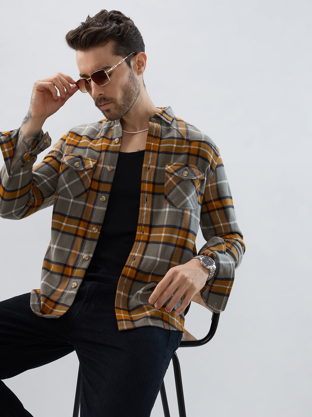 Mustard & Grey Tartan Checked Double Pocket Flannel