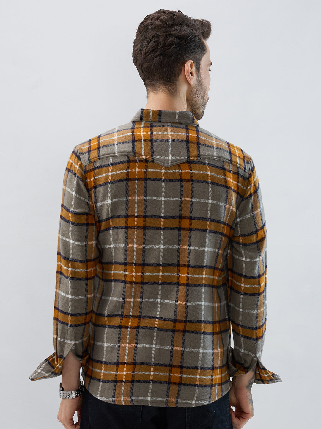 Mustard & Grey Tartan Checked Double Pocket Flannel