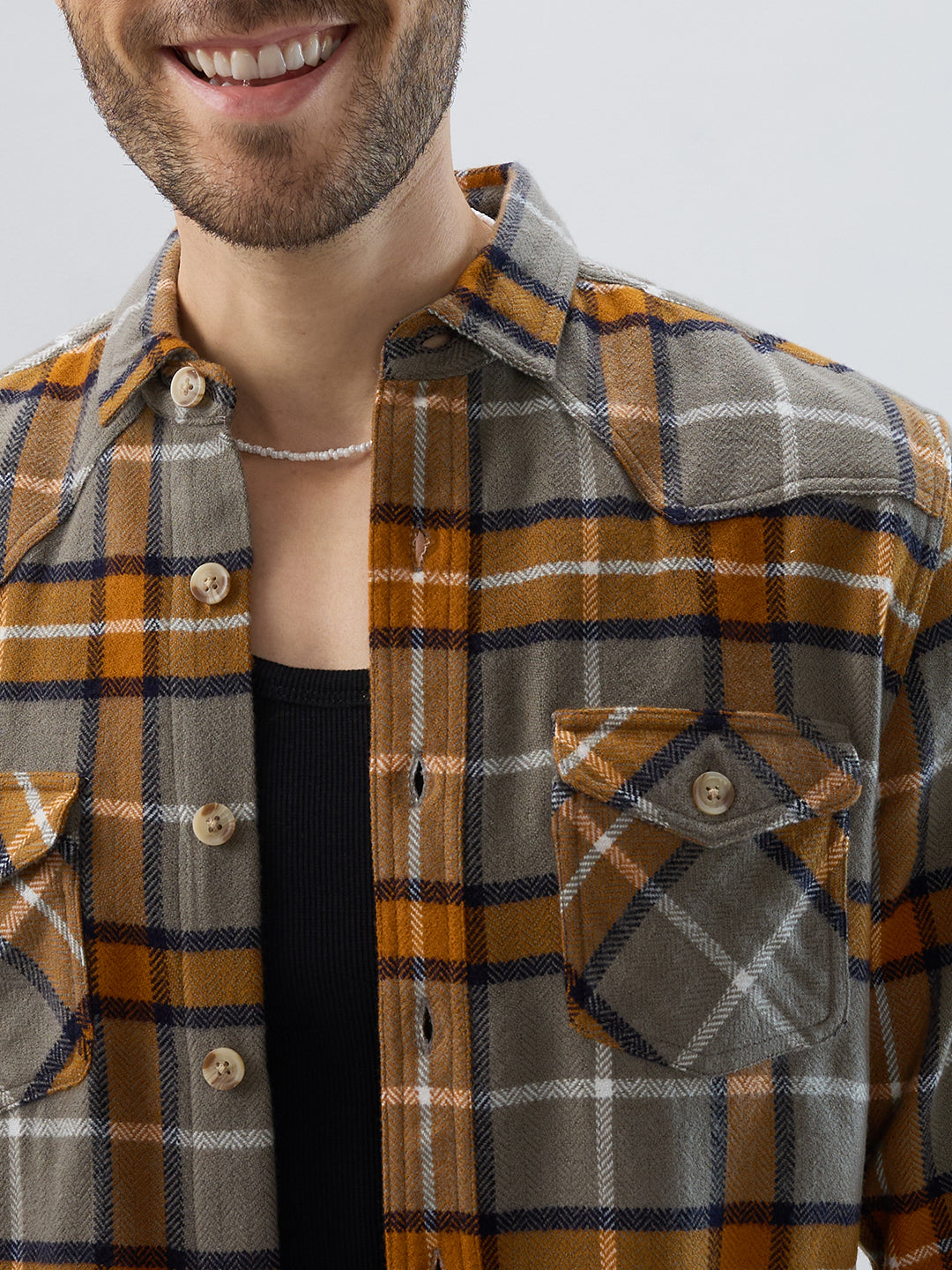 Mustard & Grey Tartan Checked Double Pocket Flannel