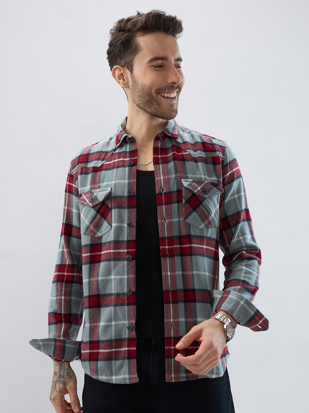 Grey & Red Tartan Checked Double Pocket Flannel