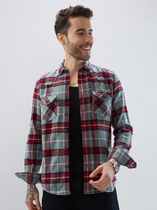 Grey & Red Tartan Checked Double Pocket Flannel