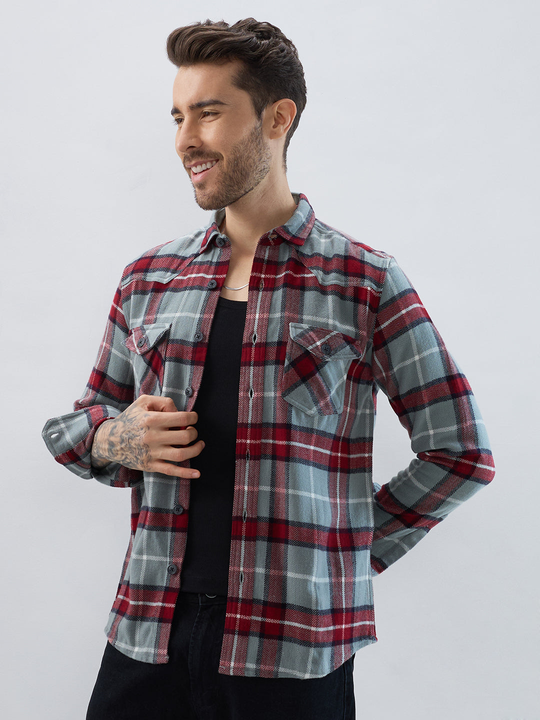Grey & Red Tartan Checked Double Pocket Flannel
