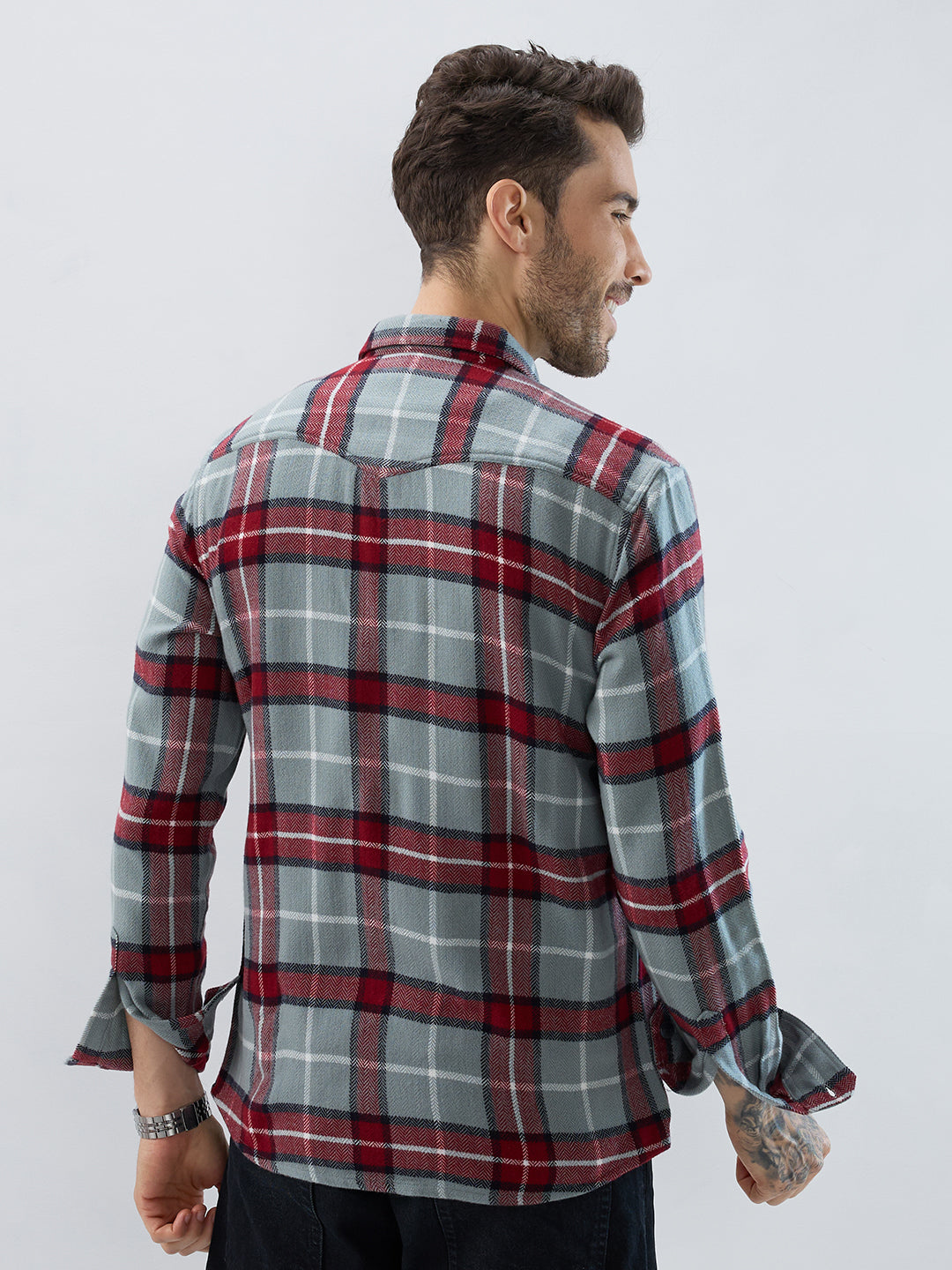 Grey & Red Tartan Checked Double Pocket Flannel