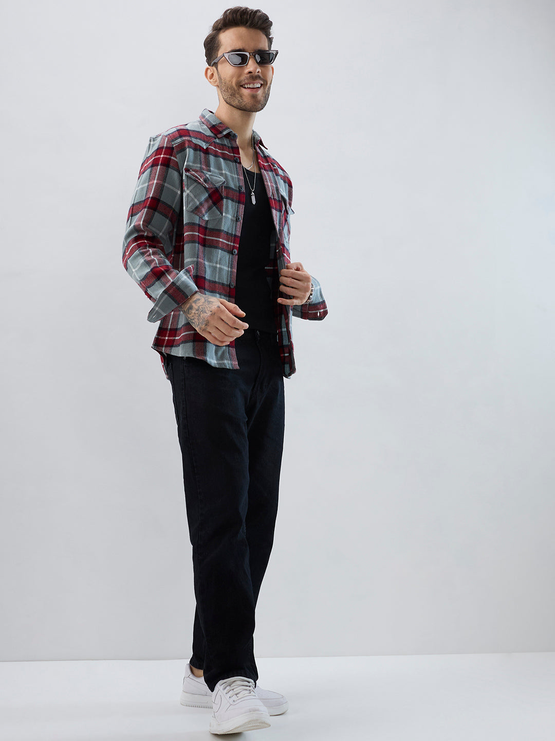 Grey & Red Tartan Checked Double Pocket Flannel