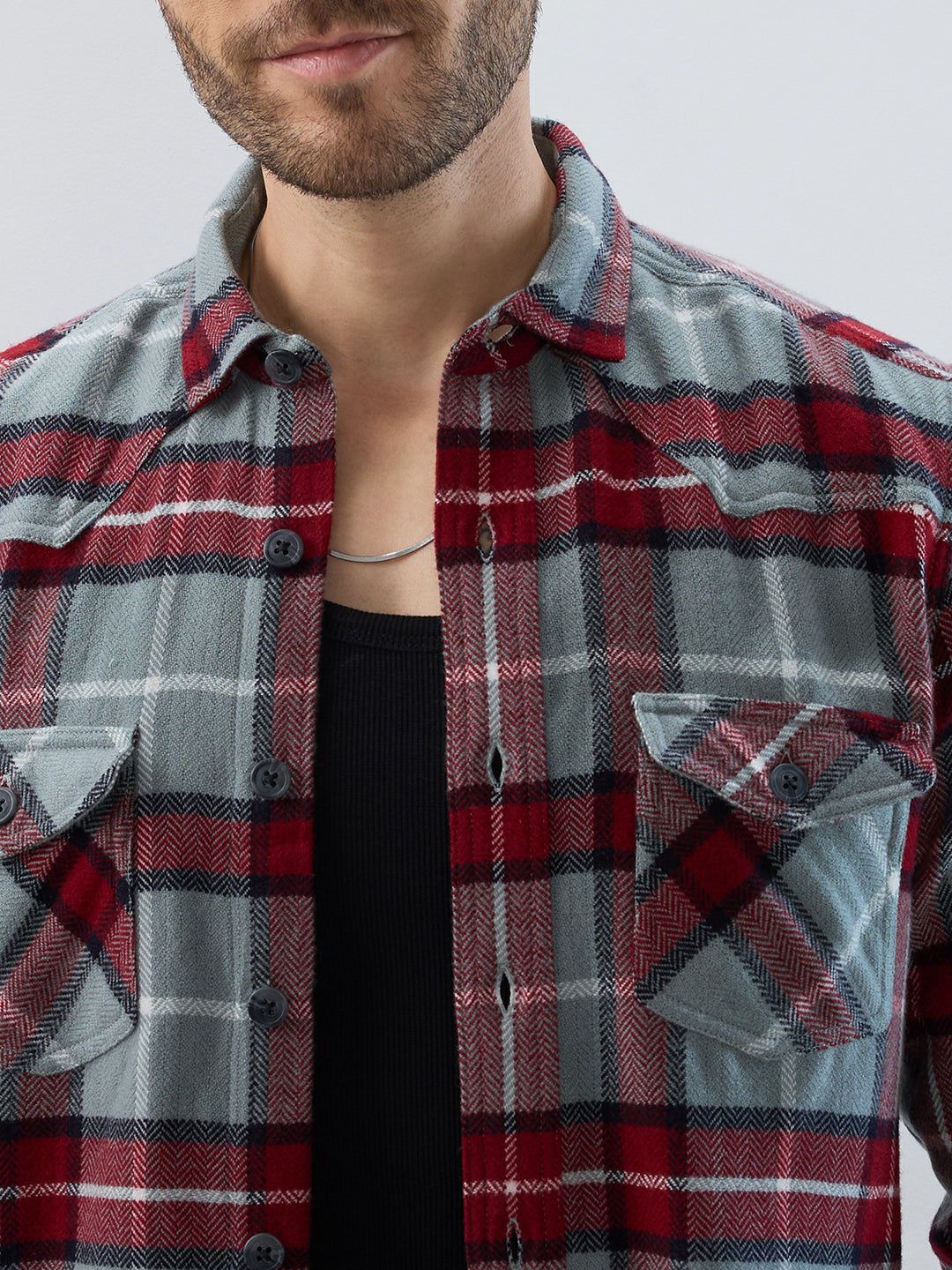 Grey & Red Tartan Checked Double Pocket Flannel