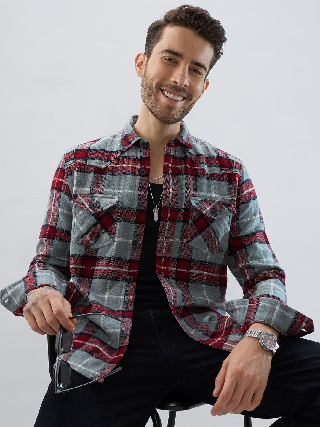 Grey & Red Tartan Checked Double Pocket Flannel
