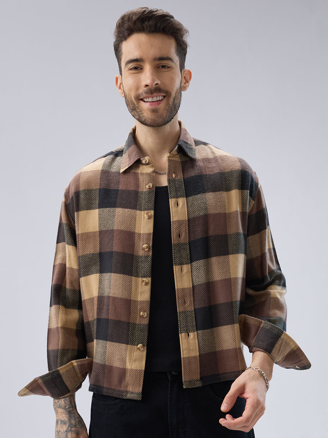 Heritage Brown & Beige Box Checks Boxy Fit Cropped Flannel Shirt