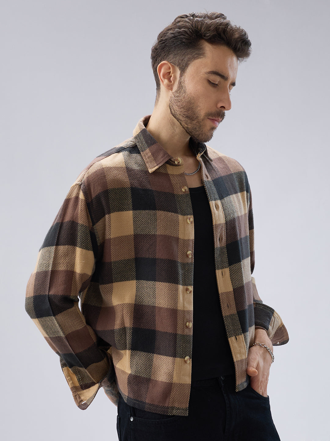 Heritage Brown & Beige Box Checks Boxy Fit Cropped Flannel Shirt