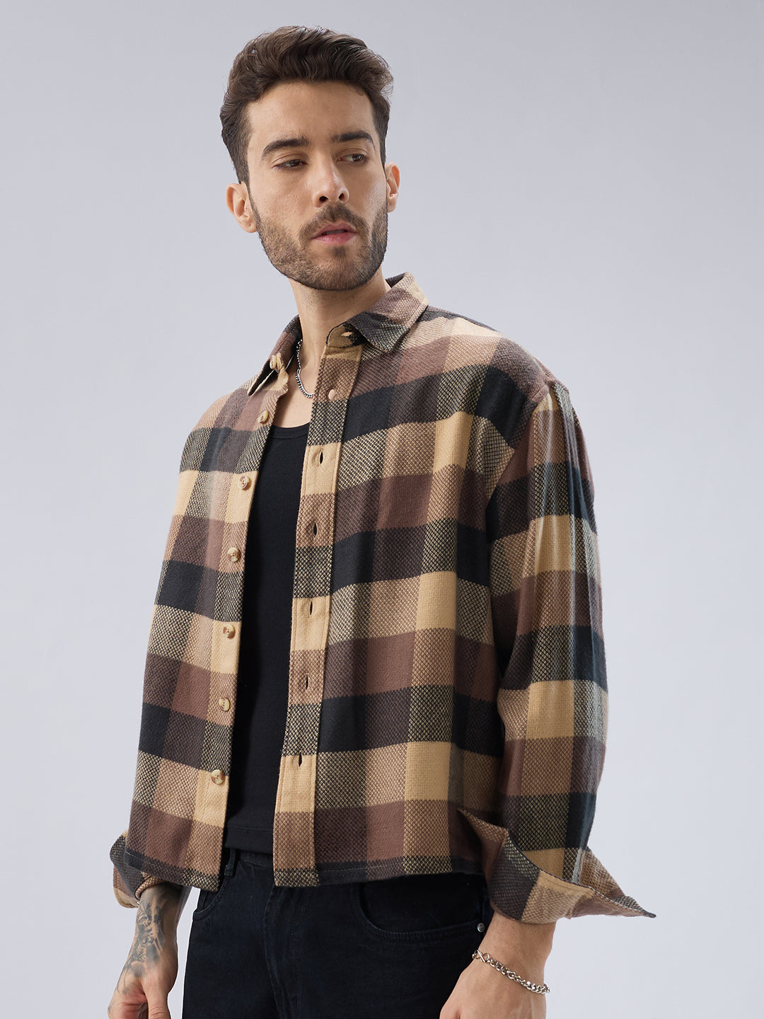 Heritage Brown & Beige Box Checks Boxy Fit Cropped Flannel Shirt