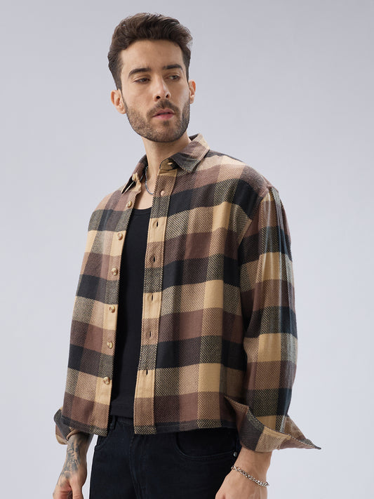Heritage Brown & Beige Box Checks Boxy Fit Cropped Flannel Shirt