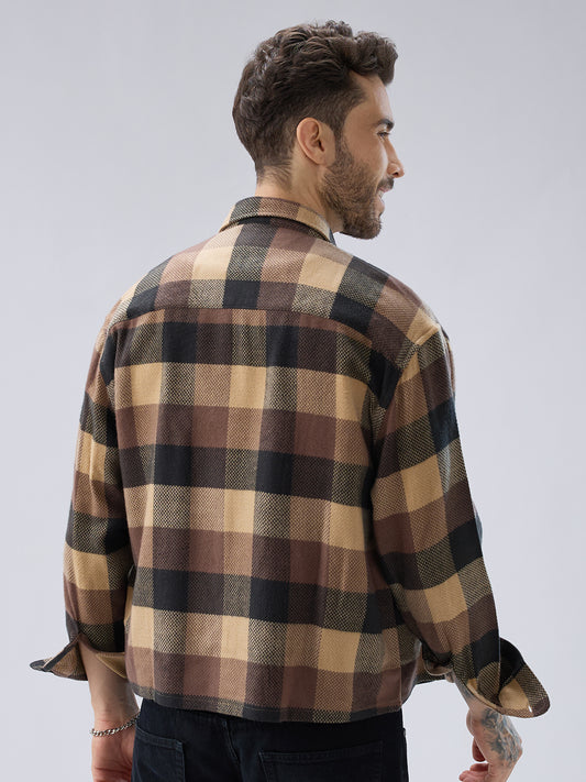 Heritage Brown & Beige Box Checks Boxy Fit Cropped Flannel Shirt