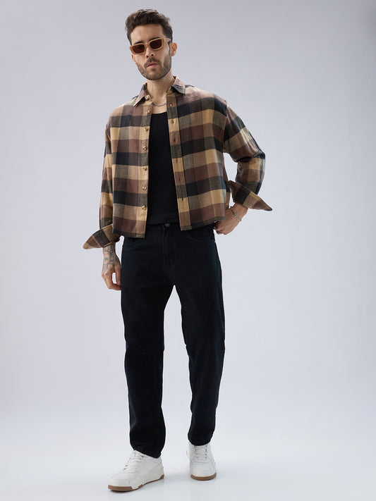 Heritage Brown & Beige Box Checks Boxy Fit Cropped Flannel Shirt