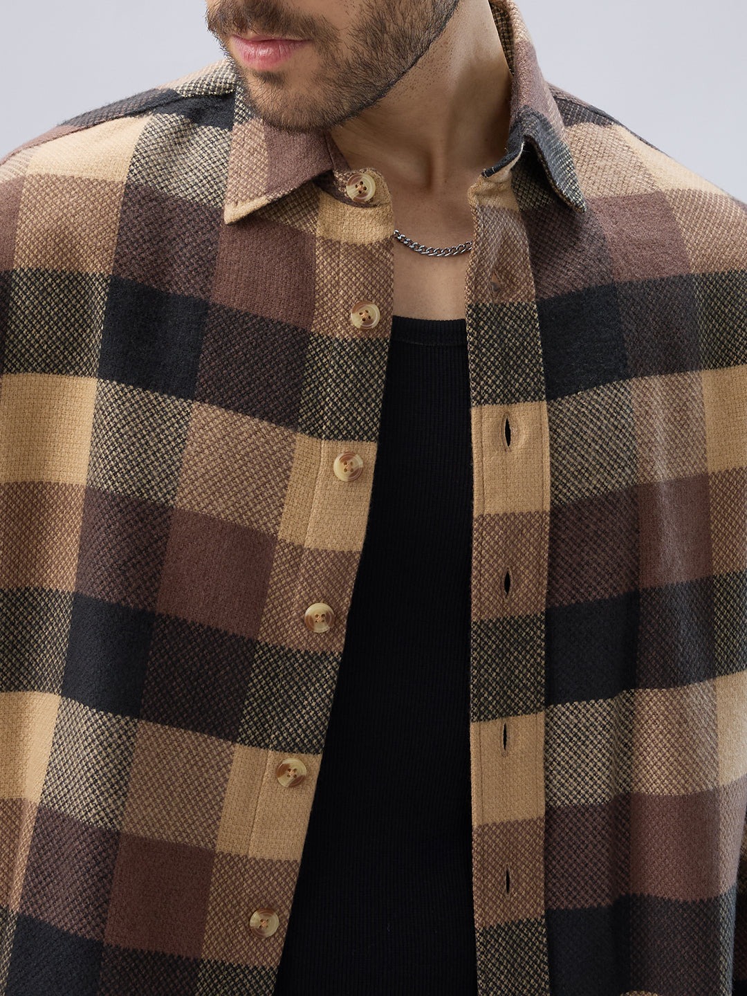 Heritage Brown & Beige Box Checks Boxy Fit Cropped Flannel Shirt