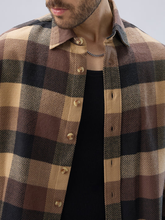 Heritage Brown & Beige Box Checks Boxy Fit Cropped Flannel Shirt