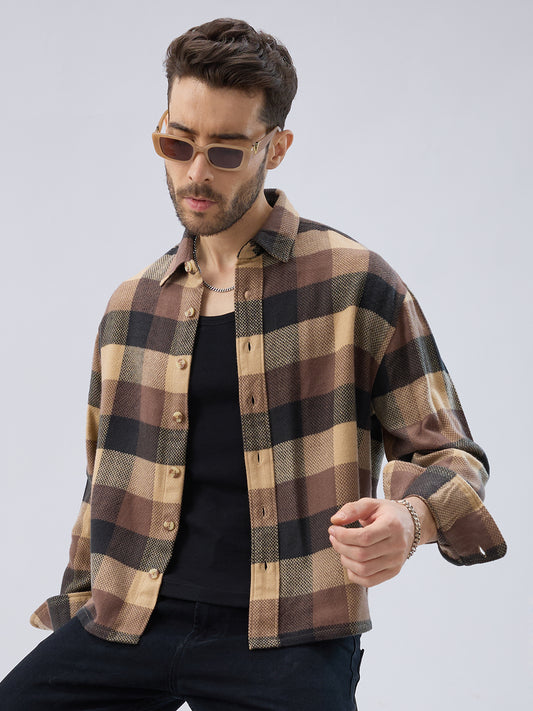 Heritage Brown & Beige Box Checks Boxy Fit Cropped Flannel Shirt