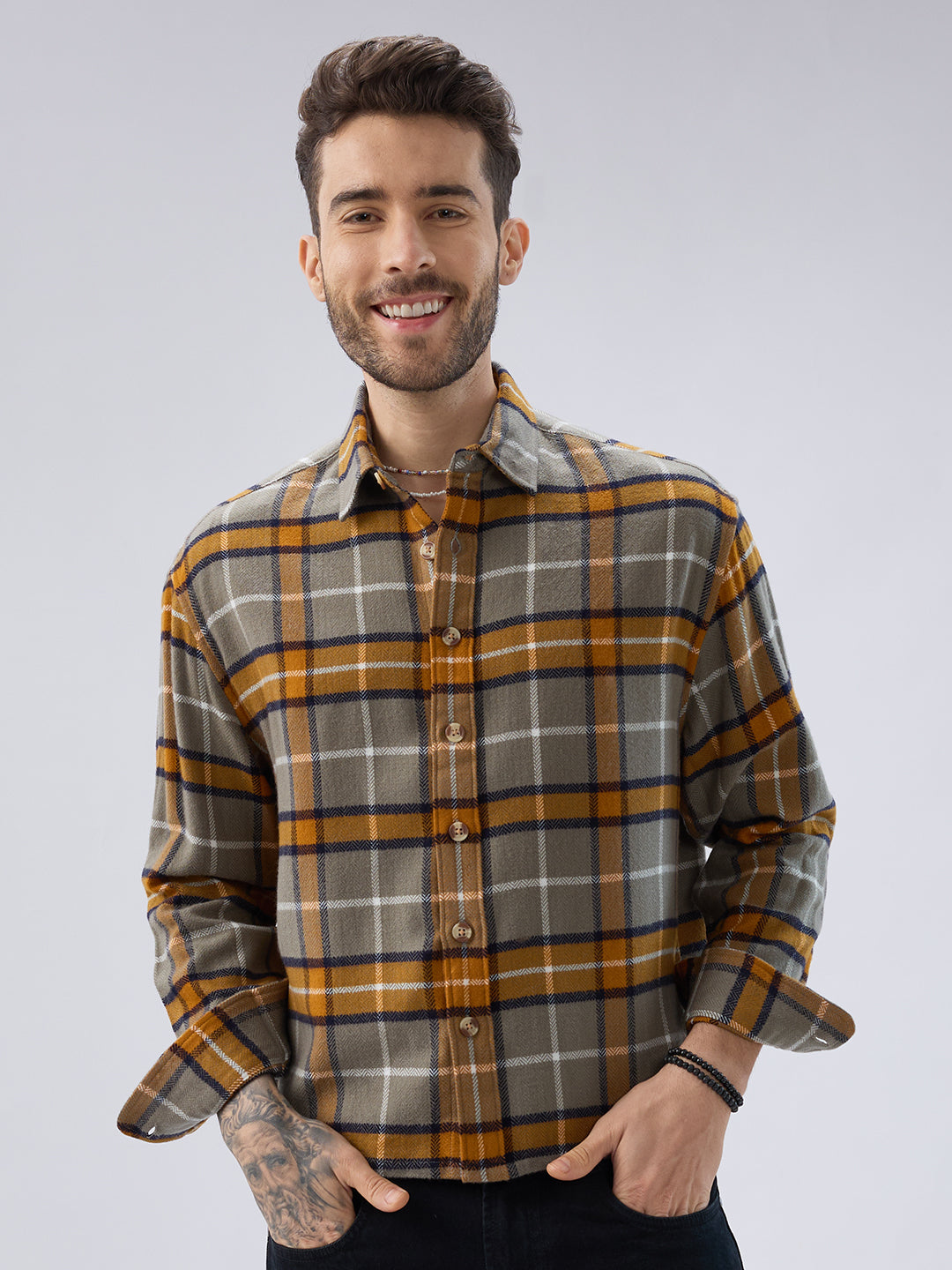 Golden Ochre Grey Checks Boxy Fit Cropped Flannel Shirt