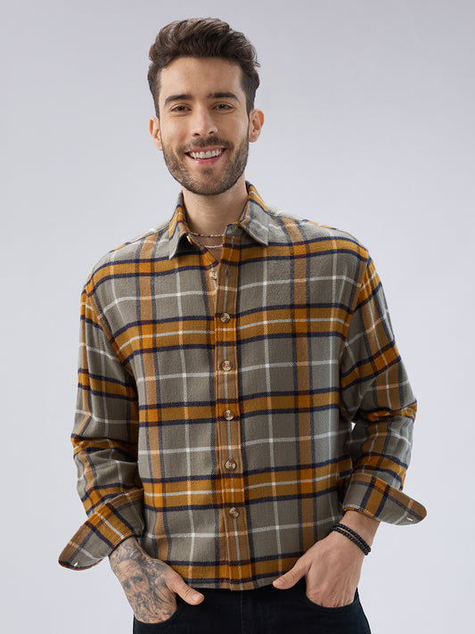 Golden Ochre Grey Checks Boxy Fit Cropped Flannel Shirt