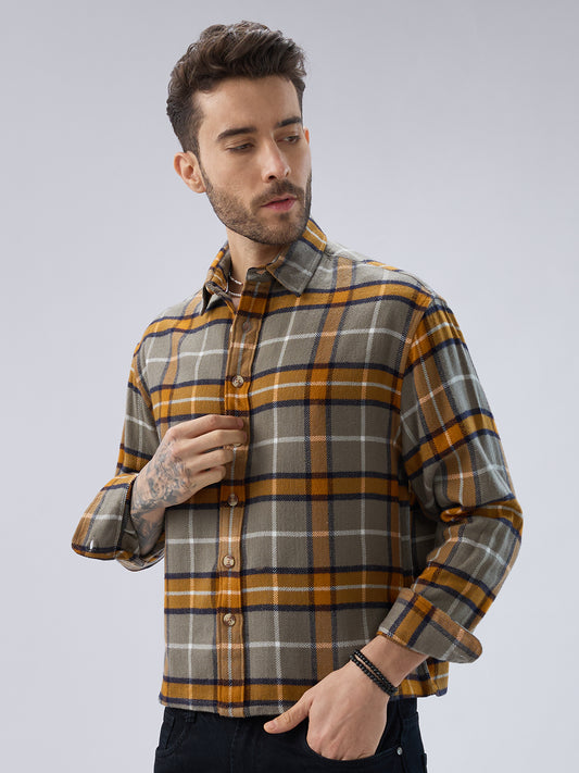 Golden Ochre Grey Checks Boxy Fit Cropped Flannel Shirt