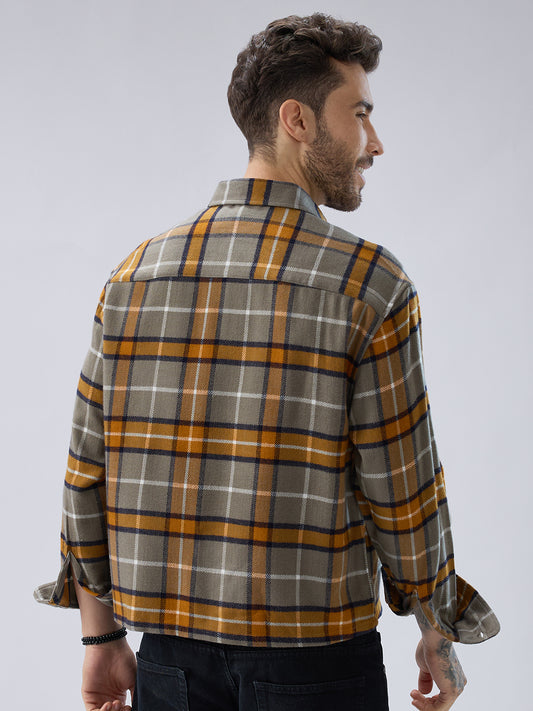 Golden Ochre Grey Checks Boxy Fit Cropped Flannel Shirt