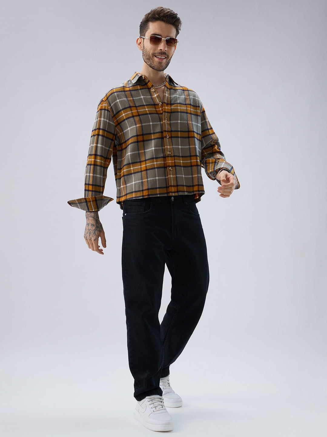 Golden Ochre Grey Checks Boxy Fit Cropped Flannel Shirt