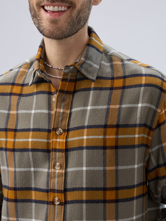 Golden Ochre Grey Checks Boxy Fit Cropped Flannel Shirt