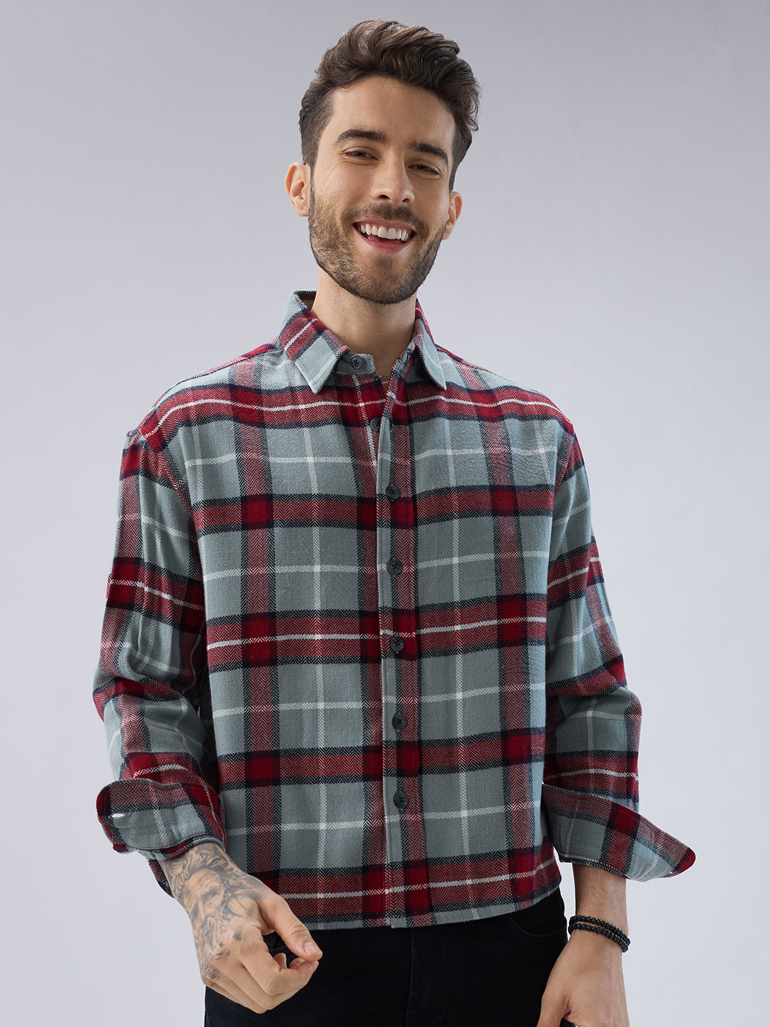 Forest Mist Rust Checks Boxy Fit Cropped Flannel Shirt