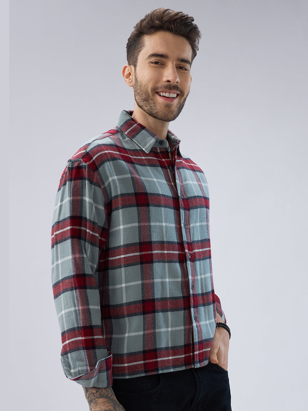 Forest Mist Rust Checks Boxy Fit Cropped Flannel Shirt