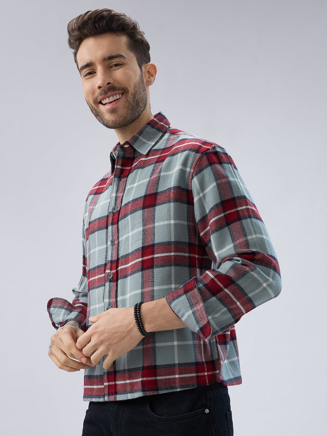 Forest Mist Rust Checks Boxy Fit Cropped Flannel Shirt
