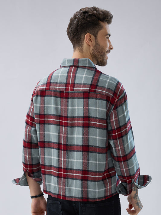Forest Mist Rust Checks Boxy Fit Cropped Flannel Shirt